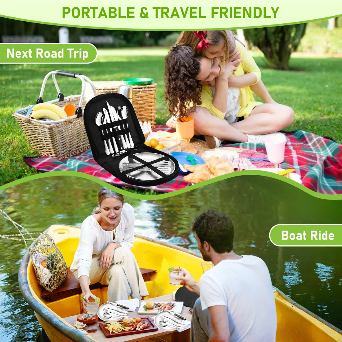 Conjunto de Cubiertos de Camping de 14 Piezas, Acero Inoxidable Juego de Cubiertos de Viaje Portátil, Camping Accesorios Portátiles para Picnic, Viaje, Camping, 2 Personas