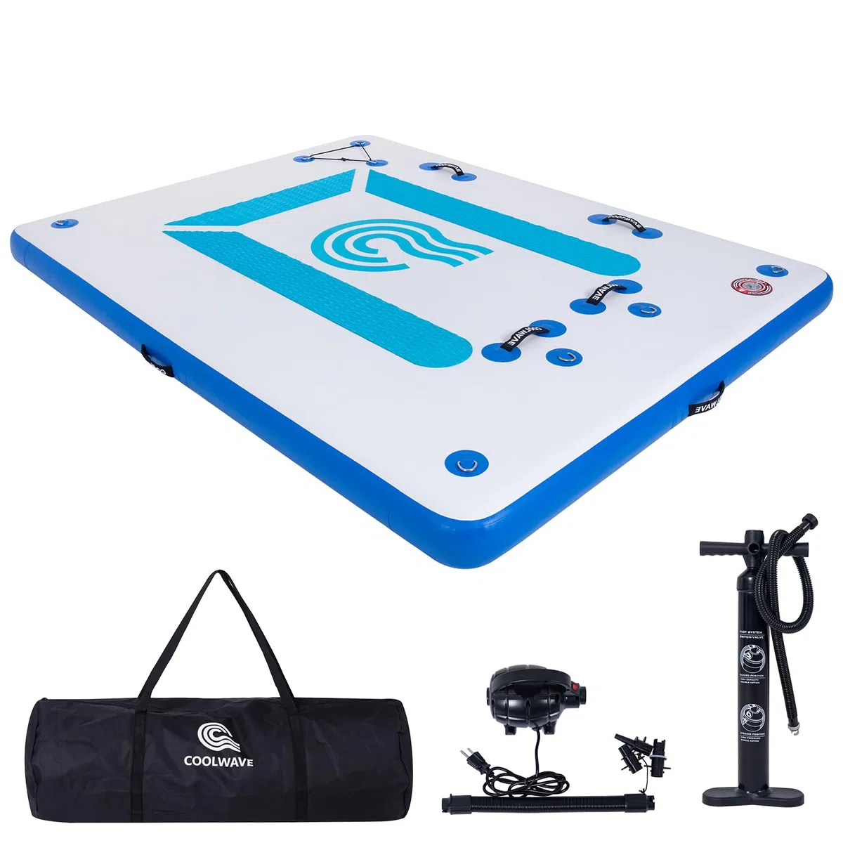 COOLWAVE Plataforma inflable flotante para lagos, plataforma de baño grande de 8 x 6 pies, inflable con almohadilla antideslizante, isla de baño inflable con bomba de aire eléctrica para 4-5 personas