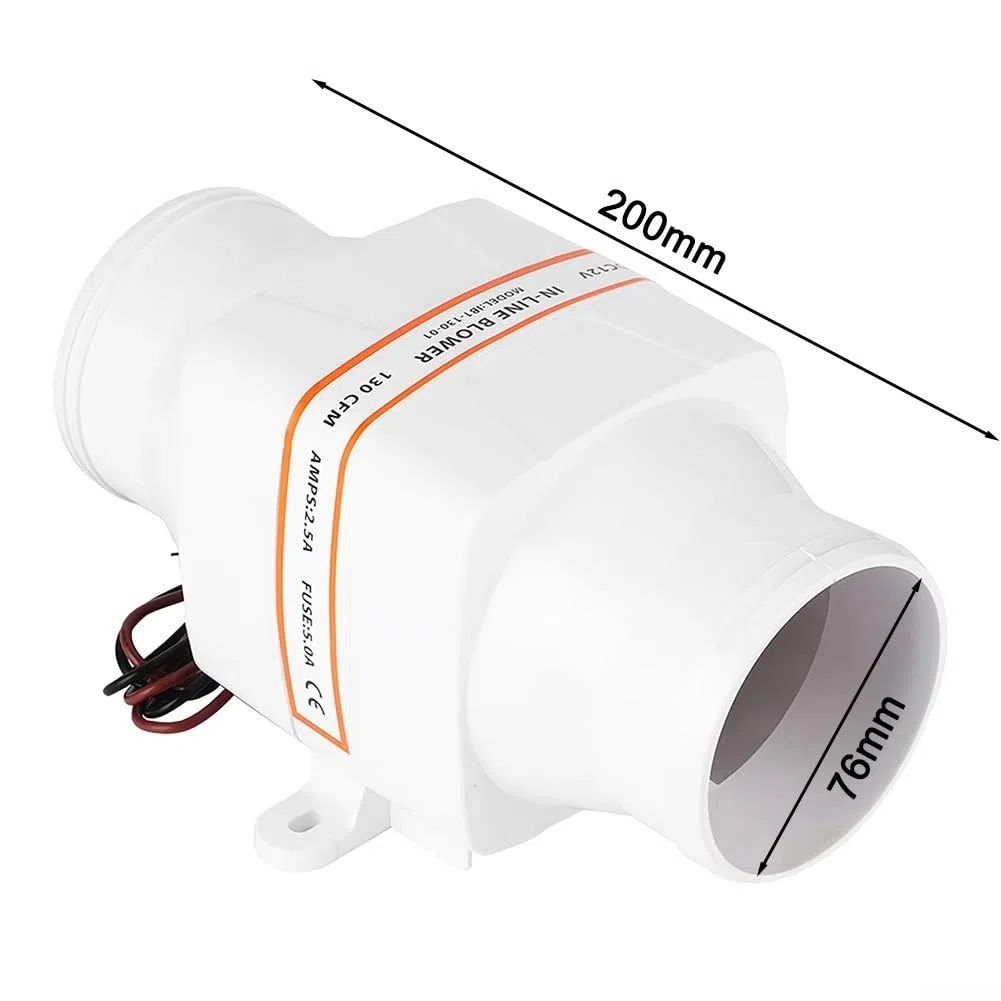 Soplador de sentina marino de 3 pulgadas, ventilador de ventilación en línea de 130 CFM, extractor de aire de alto flujo para yate, caravana, barco, cabina, cabeza de galera, plástico ABS
