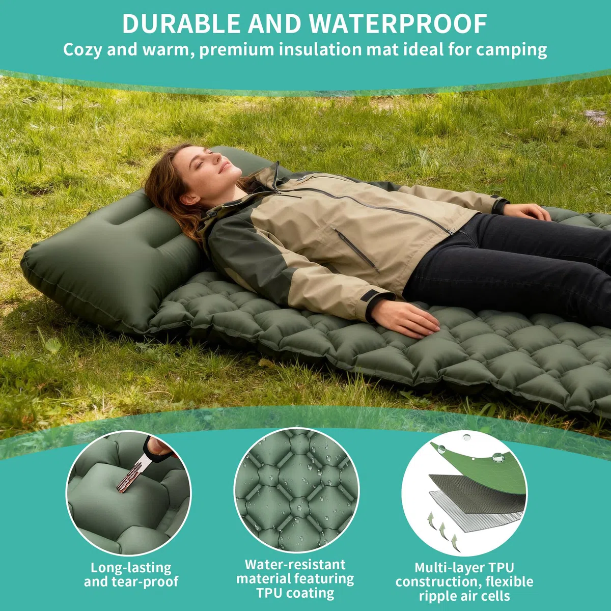 JIYANA Esterilla Camping Autoinflable Ultraligera con Bomba de Prensa, Colchón Inflable Individual para Exteriores, Colchon Inflable y Colchoneta Camping Ideal para Senderismo, Playa