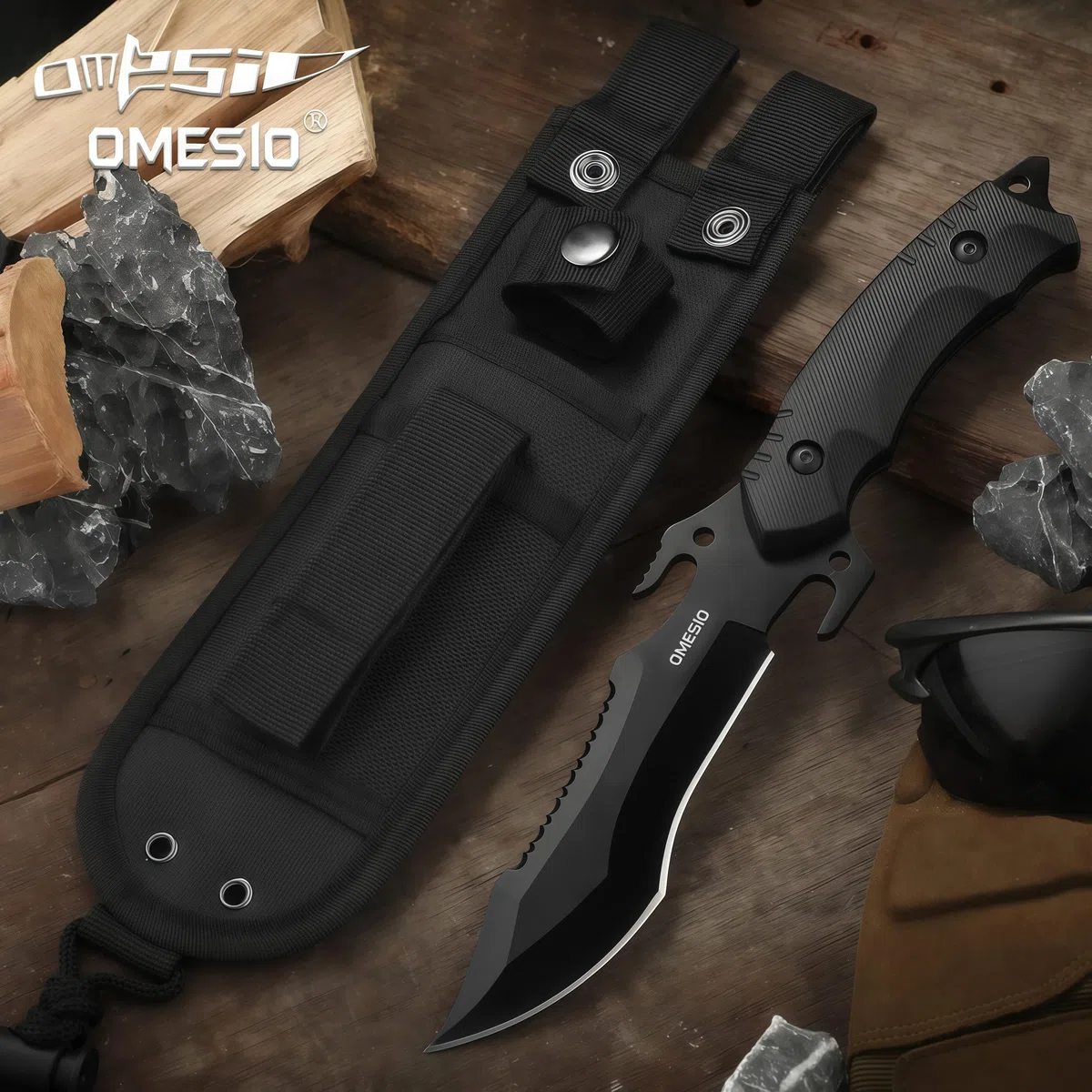 Omesio Cuchillo de caza Cuchillo de supervivencia Outdoor Multifuncional Full-tang Supervivencia, Hoja de filo fijo, Negro (A-NOIR)