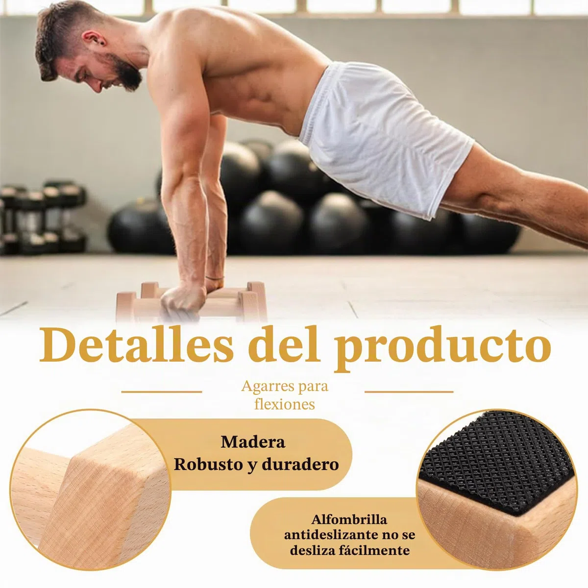 Paralelas Calistenia, 2 Piezas Barras Paralelas de Madera, Push Up de Madera Paralelos, Barra de Flexiones Maciza, con 1 Rollos de Cinta Adhesiva y 1 Par de Muñequeras, para Fitness, Gimnasia