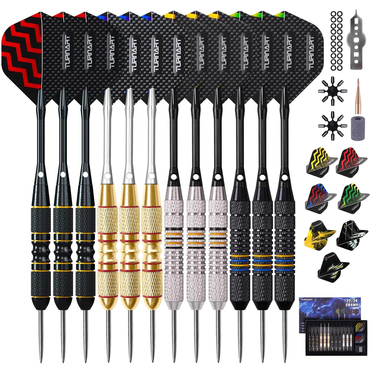 Turnart Juego de dardos de punta de metal – Juego de dardos de punta de acero, dardos de metal profesionales, 12 piezas de 22/24 gramos, juego de dardos profesionales con elegante estuche de aluminio,