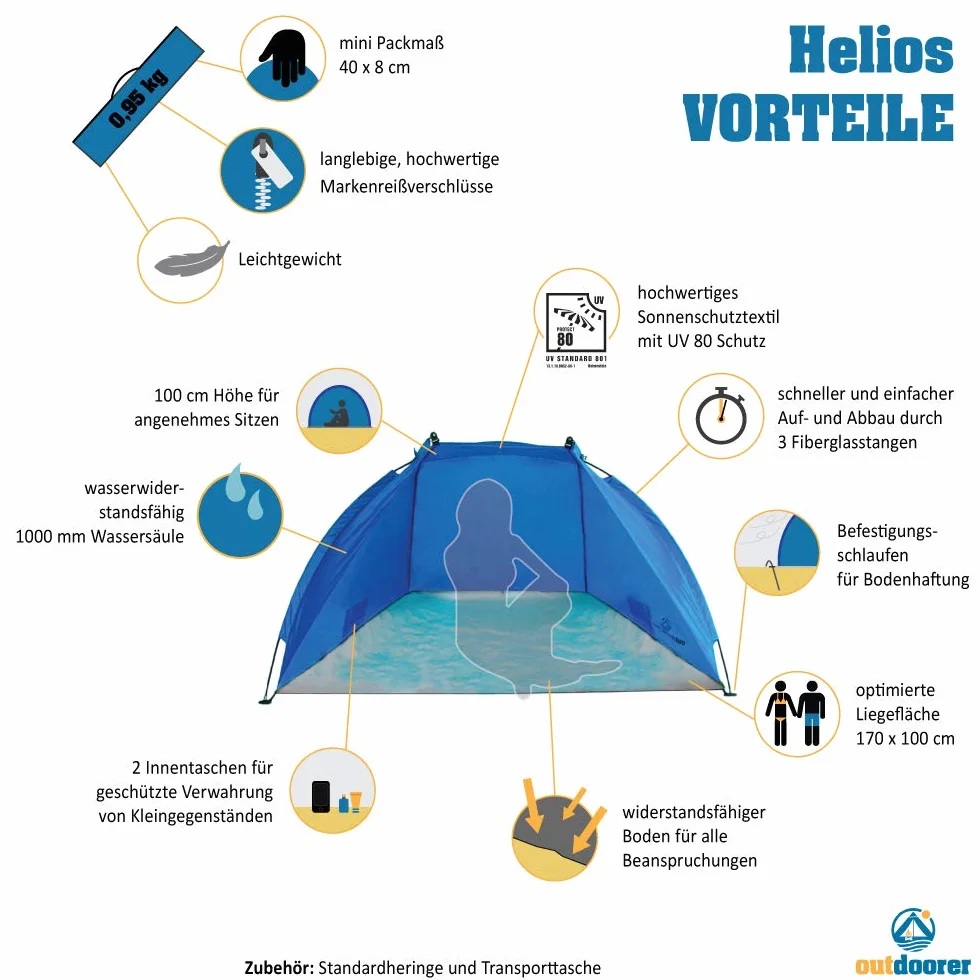 outdoorer Tienda de Playa Helios, Azul, protección UV de 80, Ultraligero, tamaño Plegado Muy Compacto