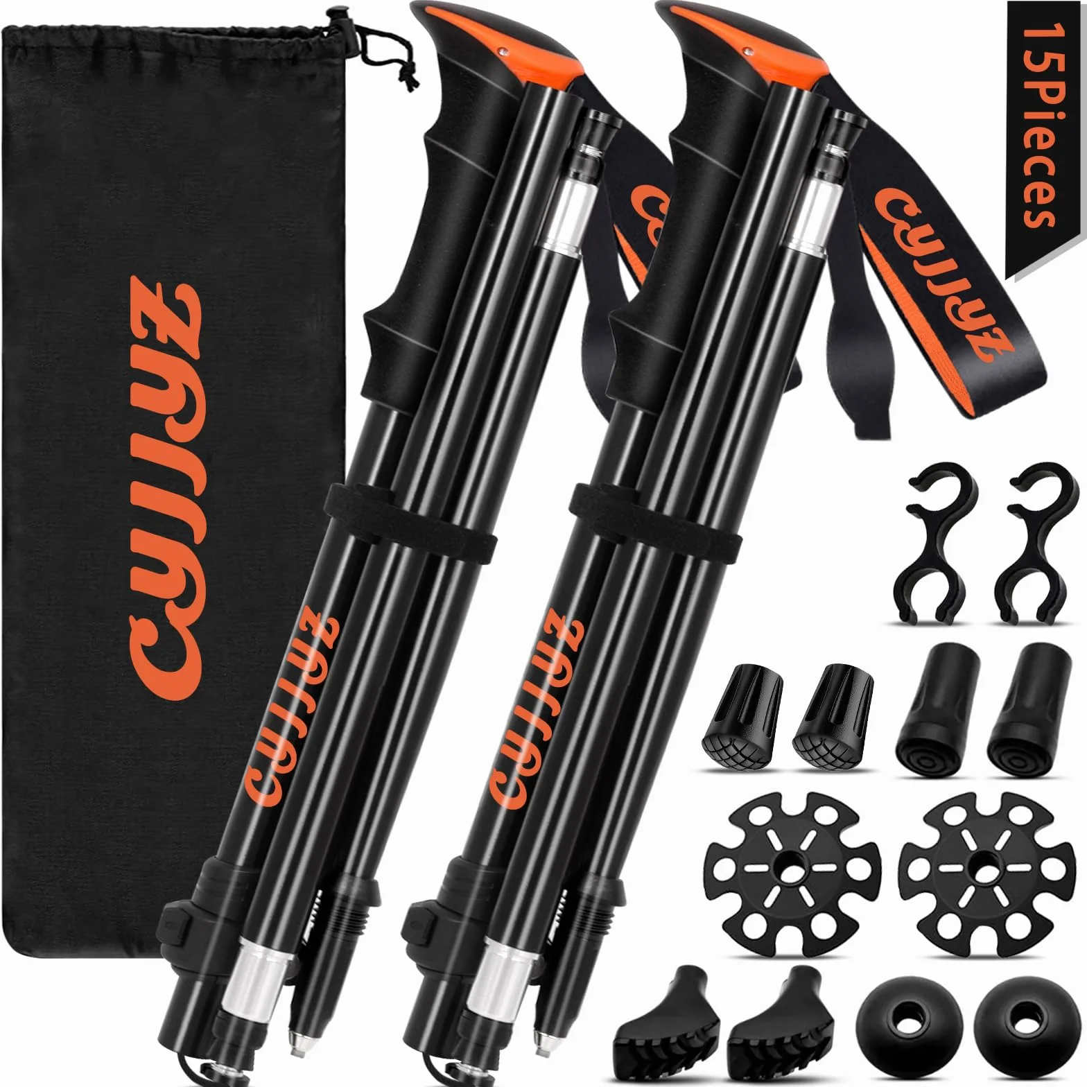 2Pcs Bastones Trekking Plegables, Bastones de Senderismo de Aluminio 7075, Palos Senderismo, 108-135CM Ajustable Bastones Marcha Nordica, con 5 Pares de Topes de Goma, para Senderismo Viaje
