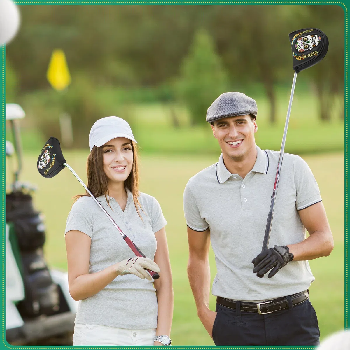 Fundas para cabeza de putter, cubierta de cabeza de putter, cierre magnético de alta calidad para cubierta de cabeza de golf, piel sintética negra, patrón de calavera colorida