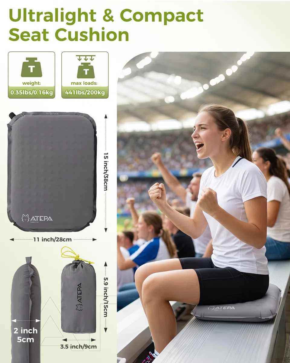 ATEPA Cojín de Asiento Inflable para Estadio, Autoinflable Ultraligero Portátil y Compacto, Resistente al Agua, para Partidos de Fútbol, Avión, Viajes, Camping, Senderismo, Conciertos u Oficina, Gris