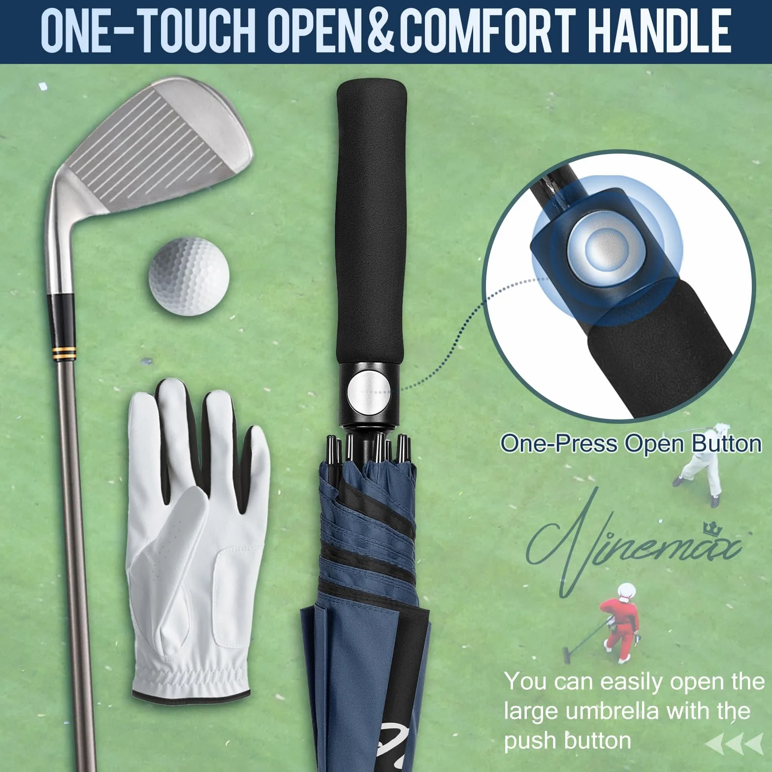 NINEMAX Paraguas Grande Antiviento, Paraguas Golf Grandes XL/XXL, Umbrella Extra Grande Resistente Al Viento Fuerte para Mujer Hombre