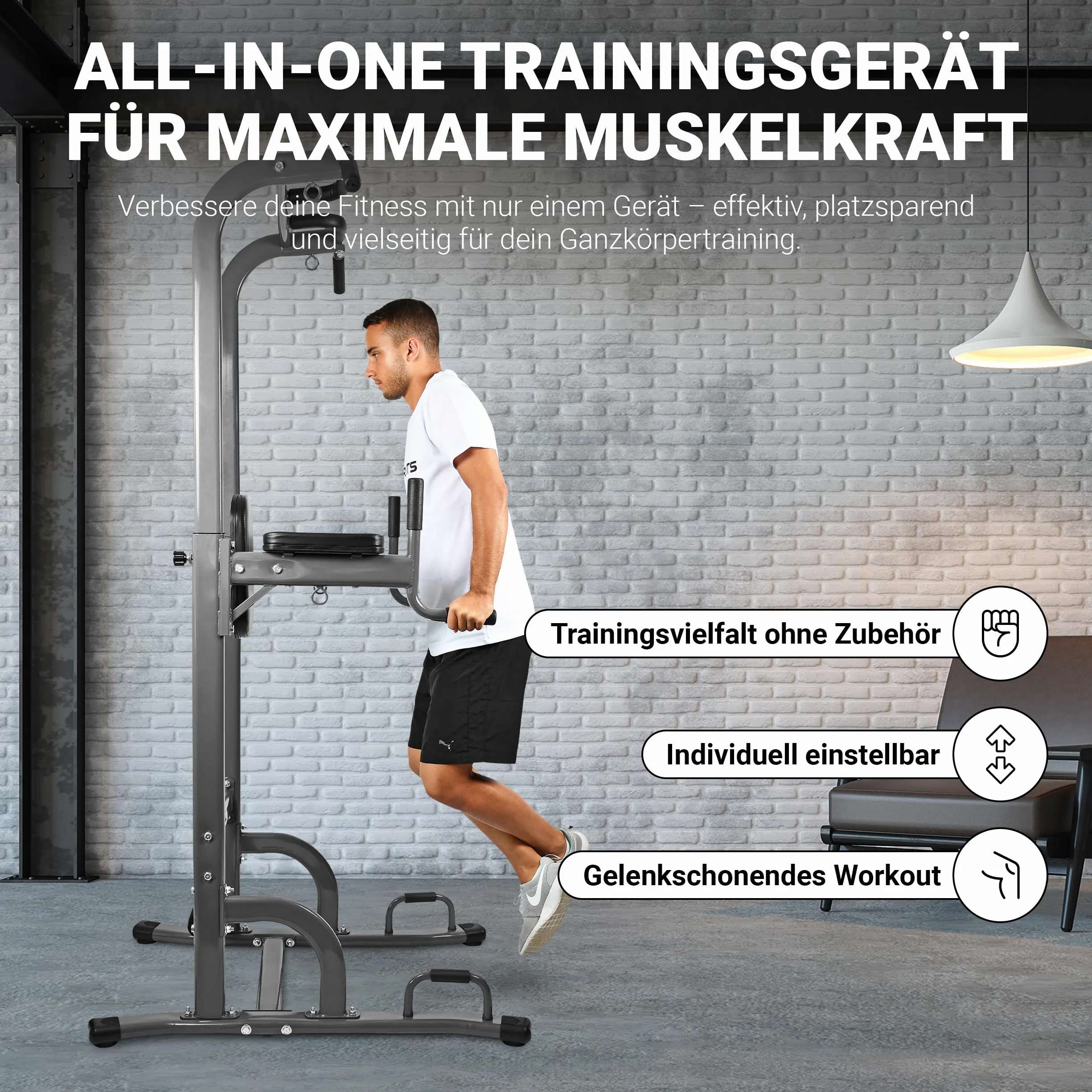 Estación de Fuerza multifunción 7 en 1, tamaño Ajustable, con Asas de flexión, 4 Ojales para Entrenamiento en Suspension, Sentadillas y Barra de dominadas, Barra