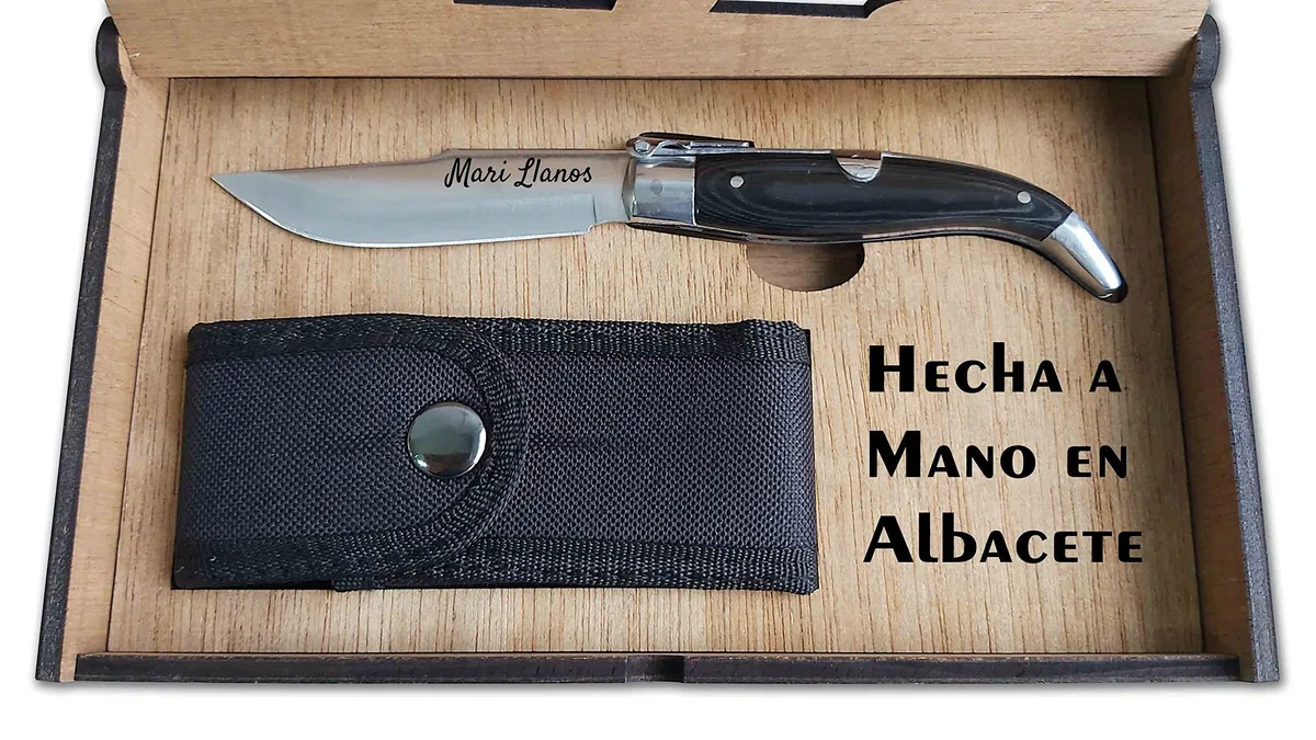 Genérico Roncero Navaja Teja Albacete MIKARTA Negro 8,5 cm.Funda. Personalizada con tu Nombre.