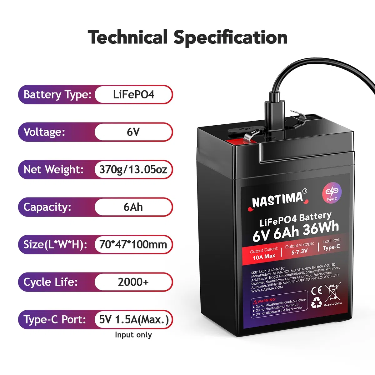NASTIMA Batería Recargable 6V 6Ah 36Wh LiFePO4 con Protección BMS y Ciclo Profundo 2000, Carga Tipo C, Cámaras de Vigilancia, Coches de Juguete para Niños, Lanchas a Motor, Camping
