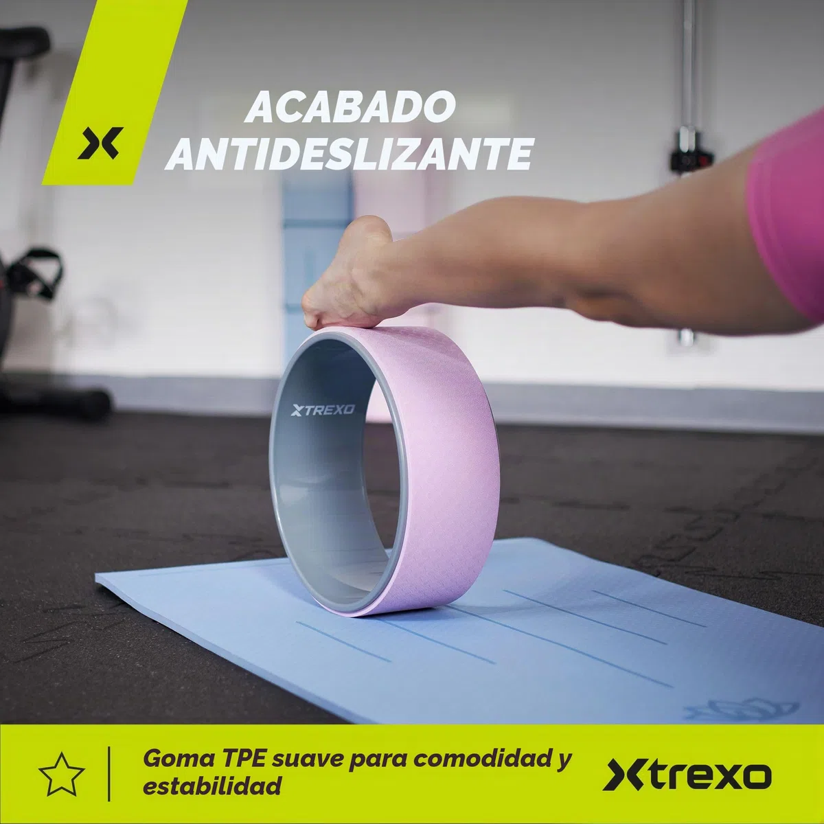 TREXO Rueda de yoga respetuosa con el medio ambiente en color lila con un diámetro de 32 cm y una anchura de 13 cm. Fabricada en TPE y polipropileno. Superficie antideslizante ideal para cualquier