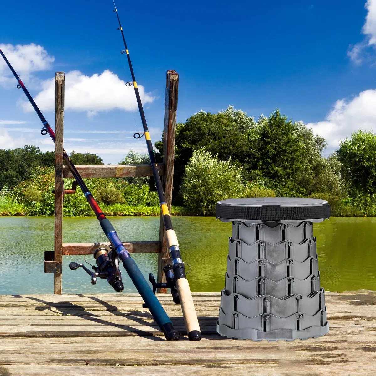 Relaxdays Taburete Telescópico, Banqueta Plegable Camping, con Correa, Altura Ajustable, 44,5x25x25 cm, Gris
