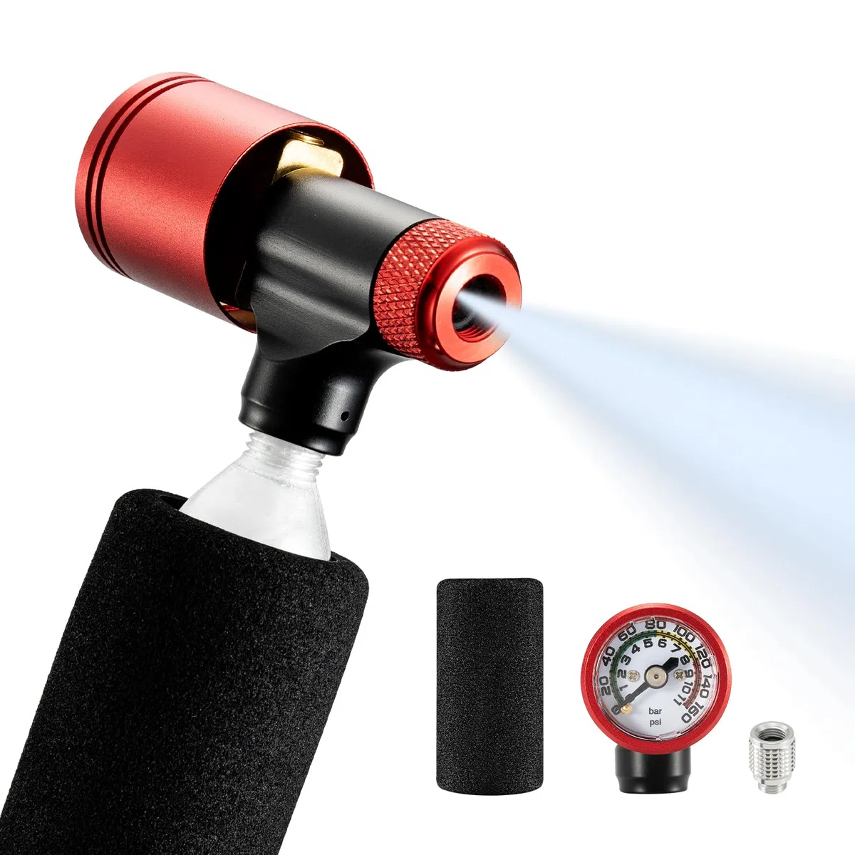 ROCKBROS Inflador de CO2 con Funda Aislada con Manómetro Compatible con Válvula Presta y Schrader Bomba Bicicleta para Neumáticos