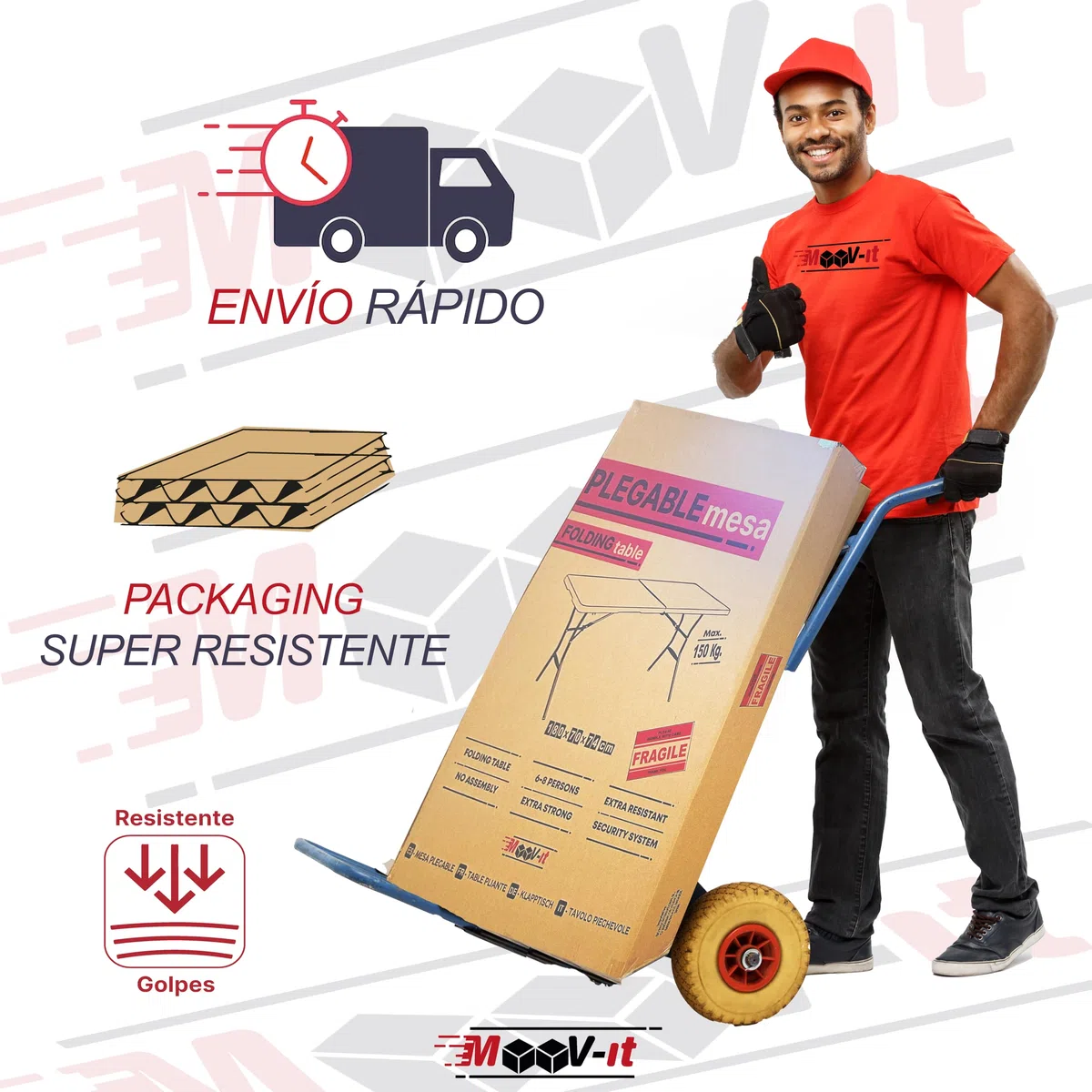 Mesa catering plegable y portátil auxiliar rectangular. 180 x 70 cm – Para 6 personas y 150Kg. Para comedor, salón, camping, escritorio, cocina, jardín, camilla… Exterior e interior. Resina y acero