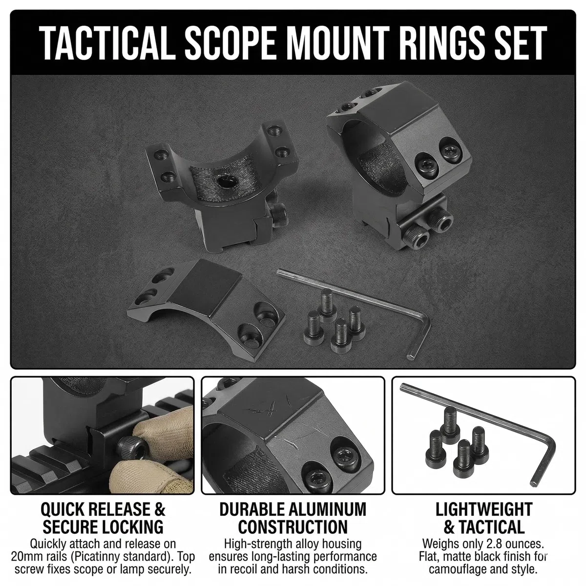 Anillos de Montaje para Visor de 25,4 mm (1"), Anillos de Montaje con Tornillo para riel de 11 mm, Aluminio anodizado Negro para carabina de Aire comprimido y Tiradores al Aire Libre