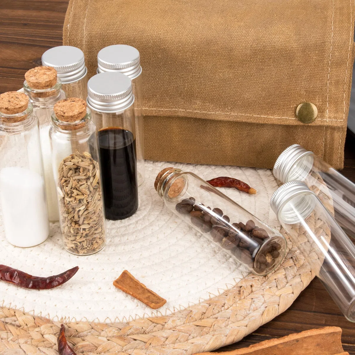 Kit de Especias de Camping con 9 Tarros de Especias Bolsa de Almacenamiento de Condimentos de Lona Portátil Juego de Contenedores para Acampar Picnic Barbacoa Caqui