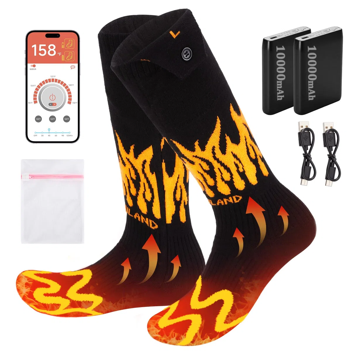 CAMULAND Calcetines Térmicos con App y Batería 10000mAh para Hombre y Mujer, Calentadores Eléctricos Ajustable 4 Niveles, para Senderismo, Trabajo Invierno, Caza, Esquí, Acampada, Pesca en Hielo