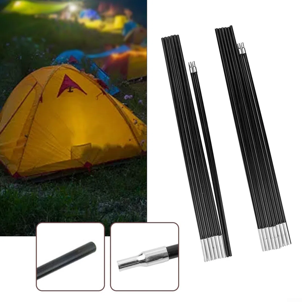 Juego de varillas de repuesto plegables de fibra de vidrio de 11 secciones con conectores integrados, diseño ligero y portátil para refugio de camping, color negro, dos