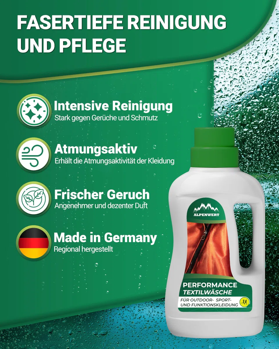 Alpenwert Impregnación de 500 ml + detergente para ropa de 500 ml [fabricado en Alemania] – Detergente para ropa de exterior, esquí y ropa funcional – Gore-tex UVM