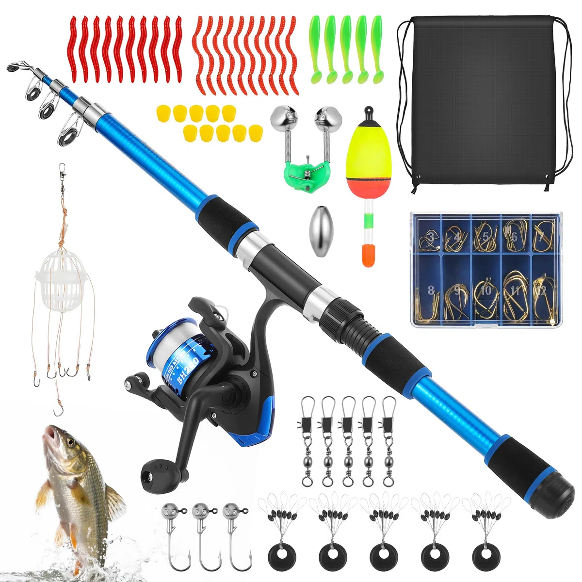 Set de Pesca para Niños, Portátil Cañas de Pescar para Niños Incluyendo Bolsas de Gancho de Alambre de Cebo Suave, Juego de Iniciación con Carrete y Cebo Regalos para Niños y Niñas Principiantes