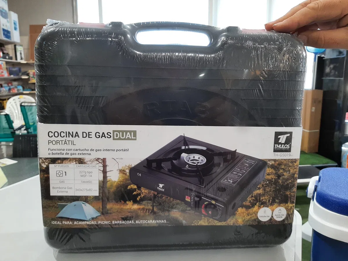 Thulos TH-GS019 Cocina Portátil Dual, 2.5 kW, Compatible con Cartucho o Botella de Gas, Encendido Piezoeléctrico, Negro