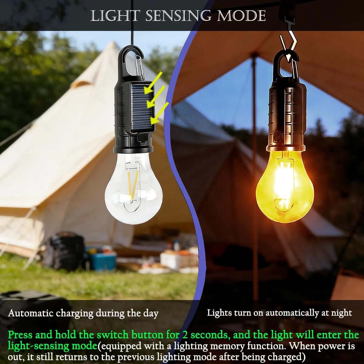 Luces solares y linternas de camping con sensor de luz para colgar con gancho al aire libre, bombilla recargable por USB, llavero portátil, 4 modos de iluminación para decoraciones de Navidad