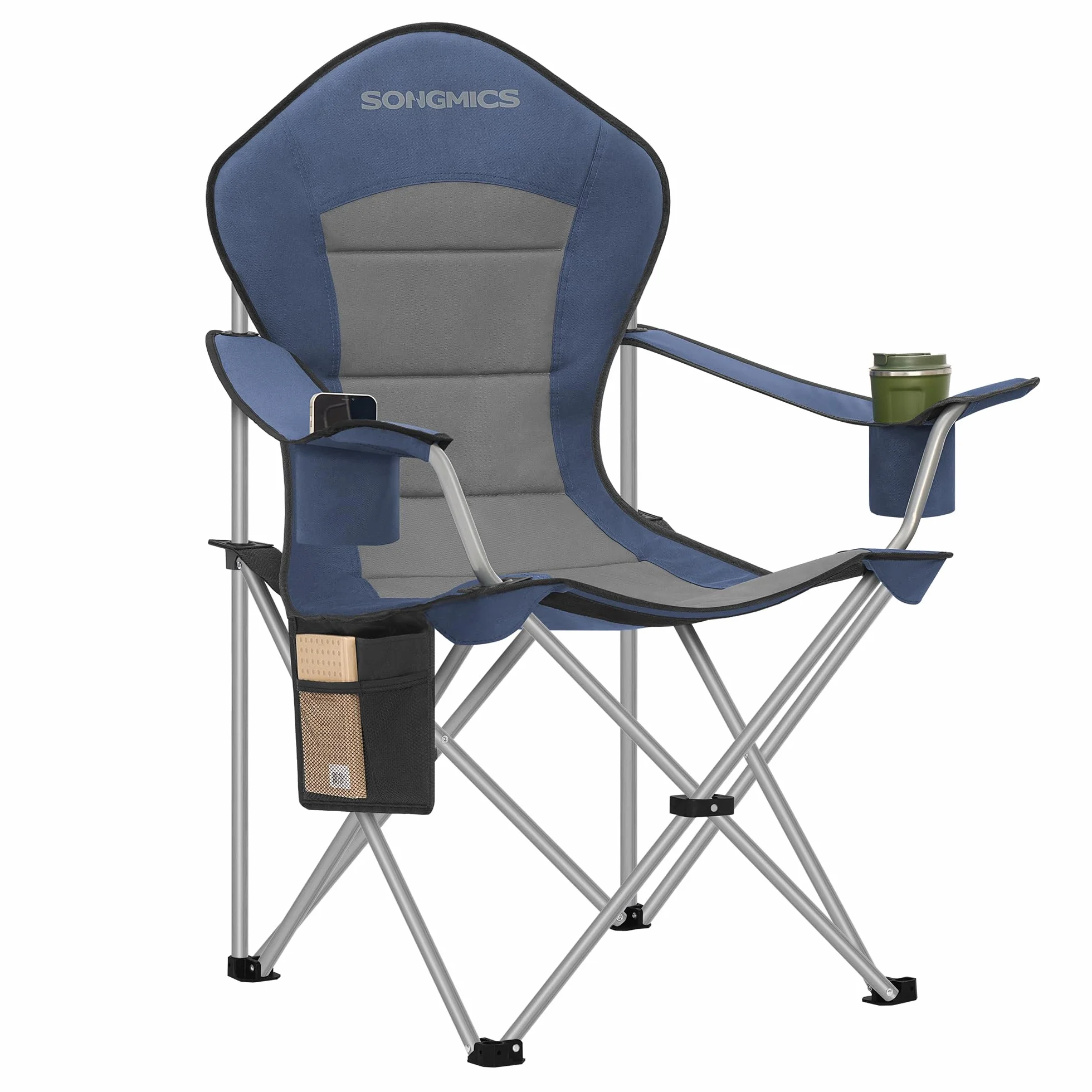 SONGMICS Silla de Camping, Silla Plegable y Portátil con Asiento Amplio, Respaldo Alto, con Portavasos, Soporte para Móvil, Organizador de Tela, Azul y Gris GCB005QE01