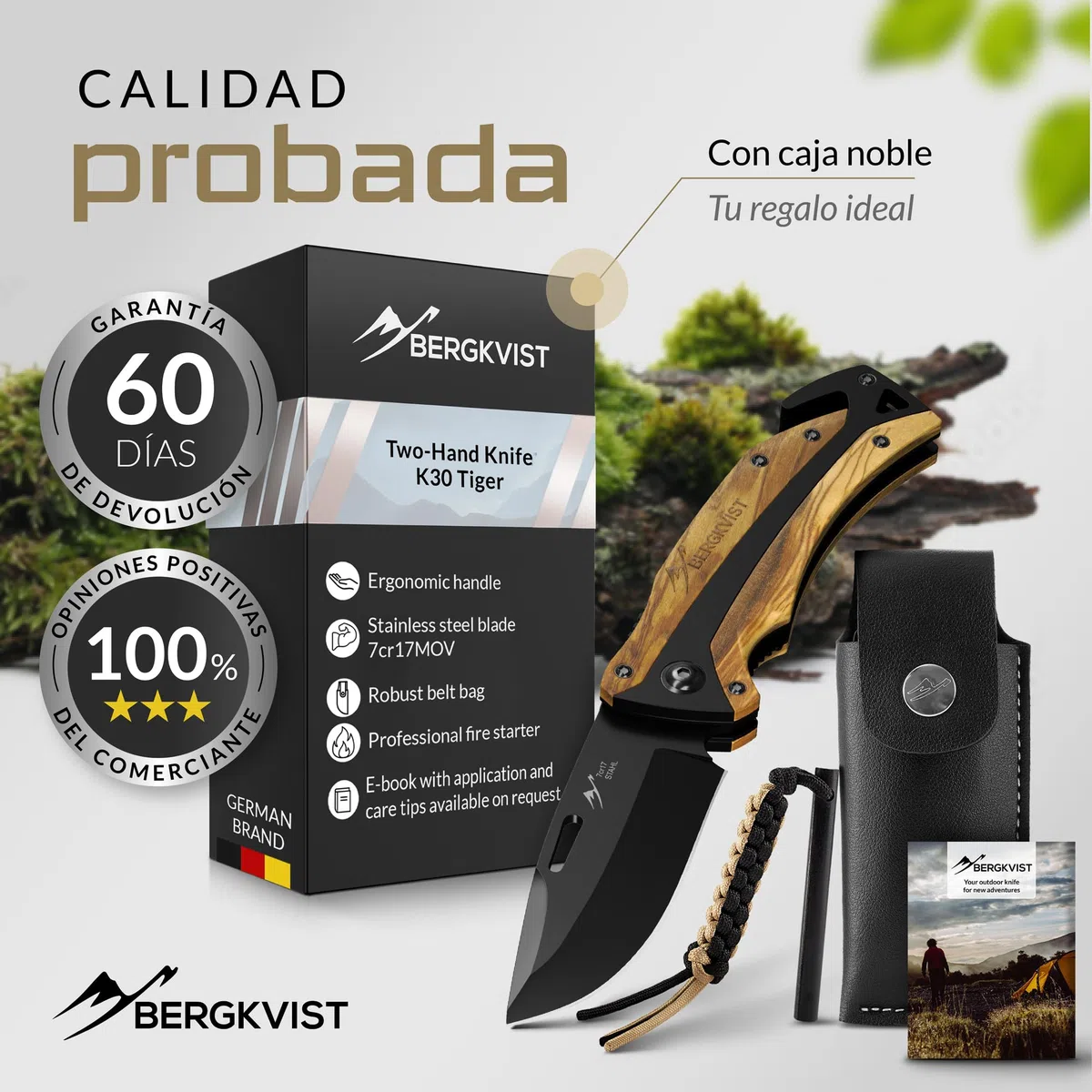 BERGKVIST K30 Cuchillo plegable Tiger [navaja de dos manos] | Navaja de bolsillo 3 en 1 con rompecristales y cortacinturones para exteriores y supervivencia, mango de madera
