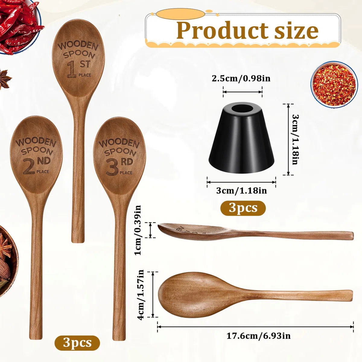 Ptwola Juego de 3 trofeos de premio de cuchara de madera de 6.93 pulgadas de largo, divertido premio de chile grabado con láser, medalla de decoración con base extraíble para concursos de repostería