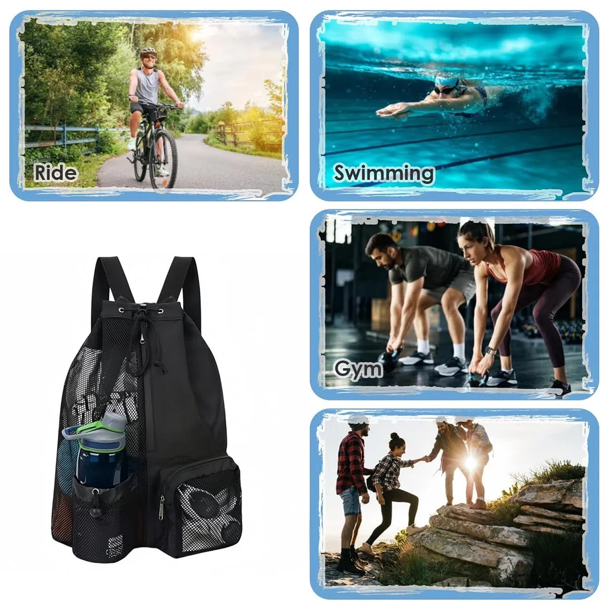 Mochila de natación con cordón de Malla con Bolsillo húmedo, Mochila de Playa Multifuncional para Adultos, Surf, Playa, Gimnasio