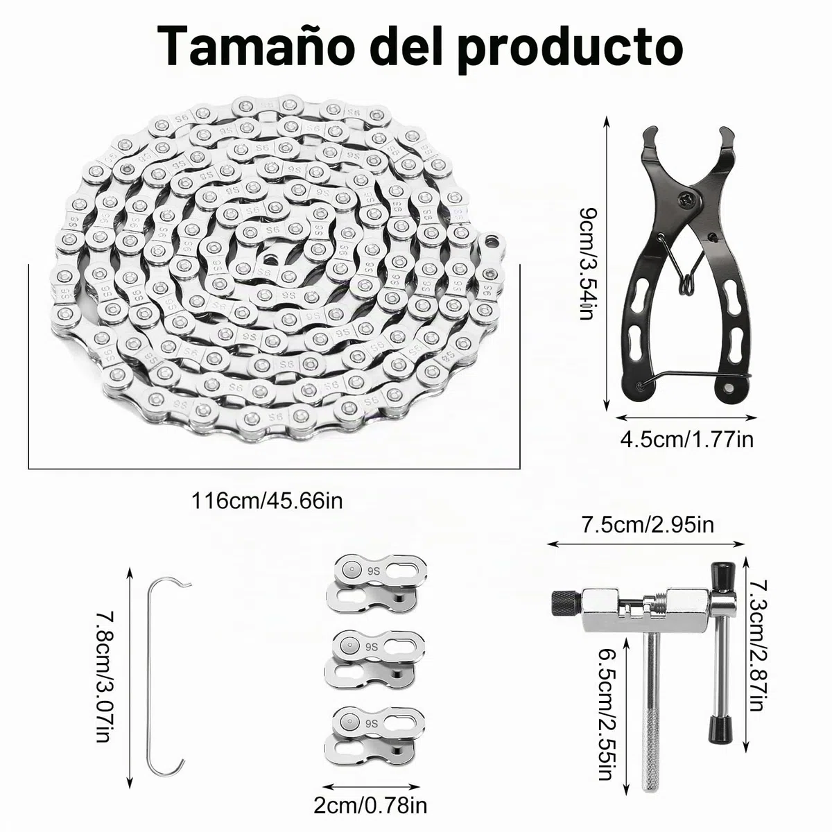 Cadena de bicicleta de 9 velocidades con pinza antirrobo y 3 pares de cadenas antirrobo para MTB (1/2 x 11/128", 116 eslabones)