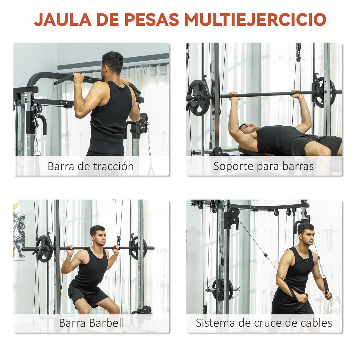 SPORTNOW Smith Machine Multiestación de Musculación Máquina Multifunción de Musculación con Soporte para Sentadillas y Barra para Pesas para Entrenamiento Fitness en Hogar Negro