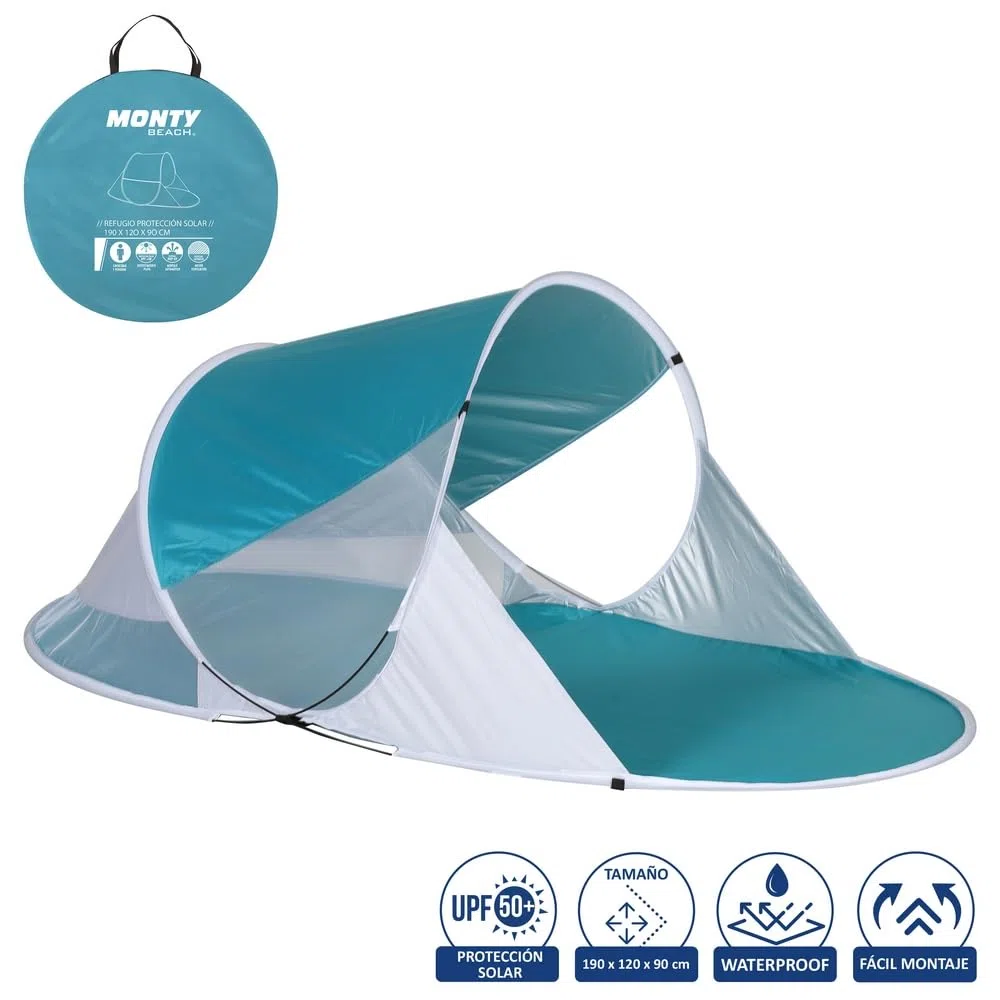 MONTY Paravientos Pop Up Aguamarina, de 190x120x90 cm. Protección Solar UPF+50, Despliegue Automático 1 Segundo, Ventilaciones Anti-Viento, Bolsa de Transporte, para Playa, jardín, montaña.