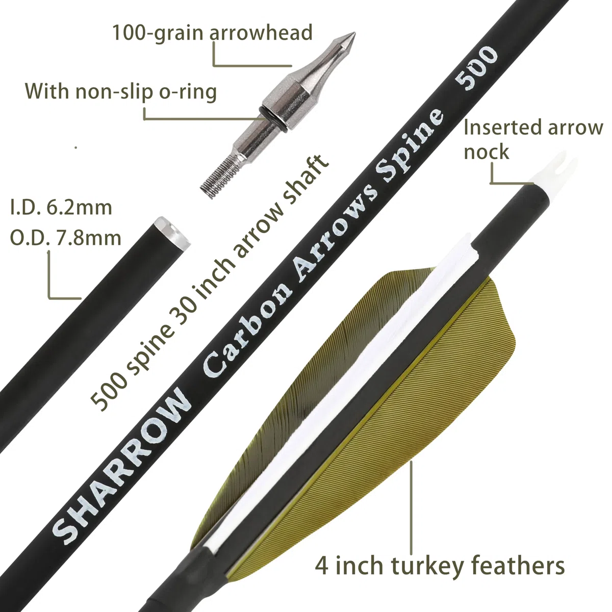 Tiro con Arco Flecha de Carbono 30 Pulgadas Flecha de Tiro con 4 Pulgadas de Plumas de Pavo 500 Spine práctica de Tiro para Arco Compuesto Recurve Bow