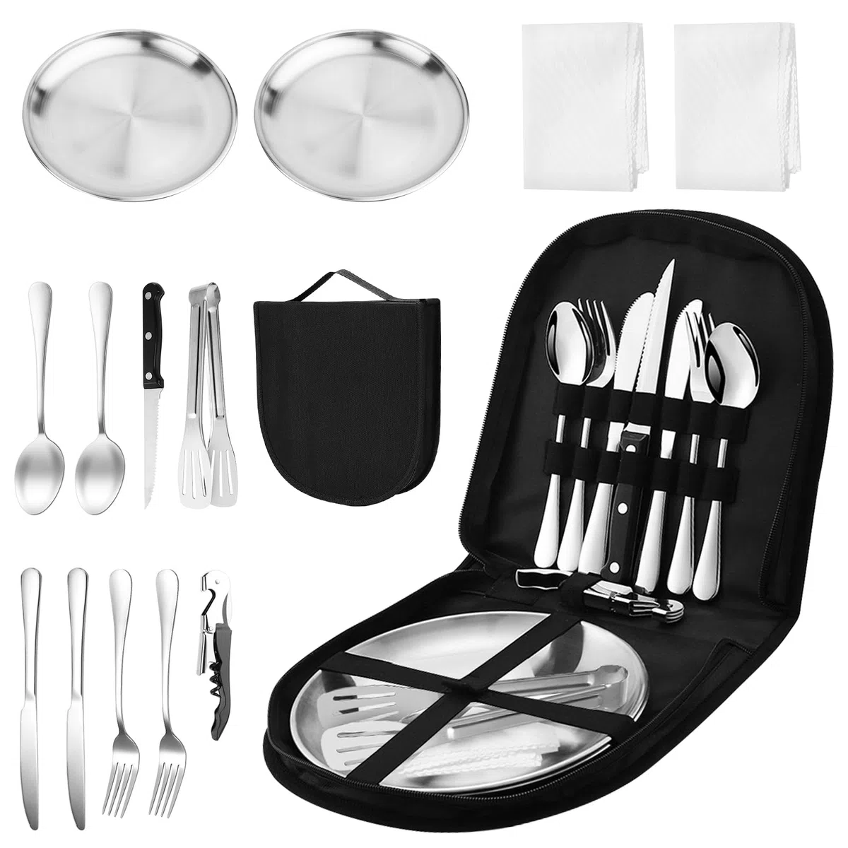 Conjunto de Cubiertos de Camping de 14 Piezas, Acero Inoxidable Juego de Cubiertos de Viaje Portátil, Camping Accesorios Portátiles para Picnic, Viaje, Camping, 2 Personas