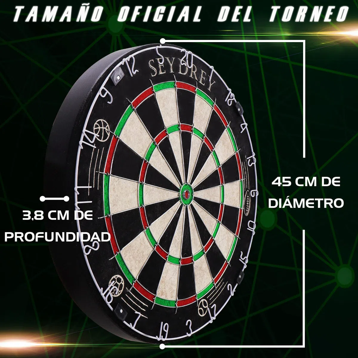 Seydrey Diana de Corcho con Flechas, Diana Oficial de Acero, Juego de 6 Dardos con Punta de Metal, 12 Plumas, Ranura giratoria
