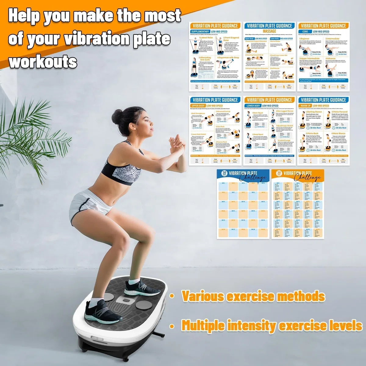 8 placas de vibración, póster de máquina de ejercicio, guía de entrenamiento, 6 plataformas de vibración y 2 planificadores de 30 días, tabla de vibración para todo el cuerpo para gimnasio en casa
