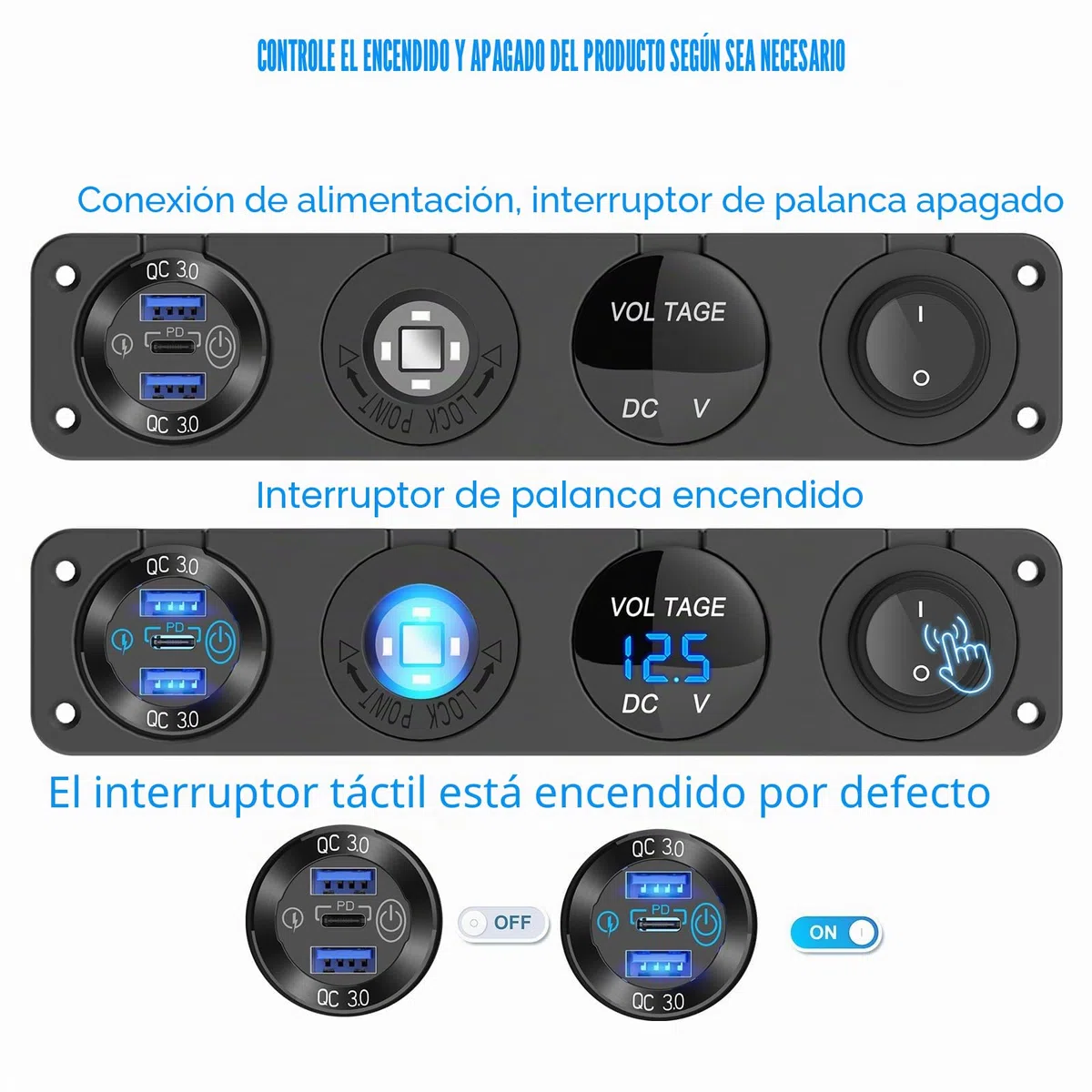 Toma USB 12V Accesorio RV Marina Panel de Interruptores Enchufe, Doble PD3.0 Puerto USB del coche cargador aluminio, 150W Enchufe mechero, Voltímetro LED azul e interruptor de palanca Kit de bricolaje