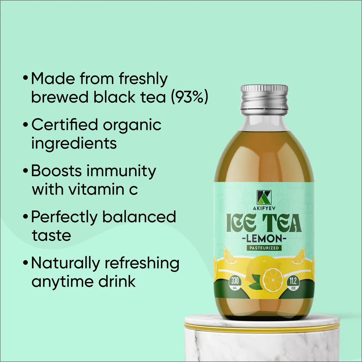 AKIFYEV BIO Ice Tea Lemon 12 x 330 ml | Premium Organic Ice Tea in Glass Bottles | Cold Brew + Nitrogen Flush | Natural, Vegan & Allergen-Free Refresh