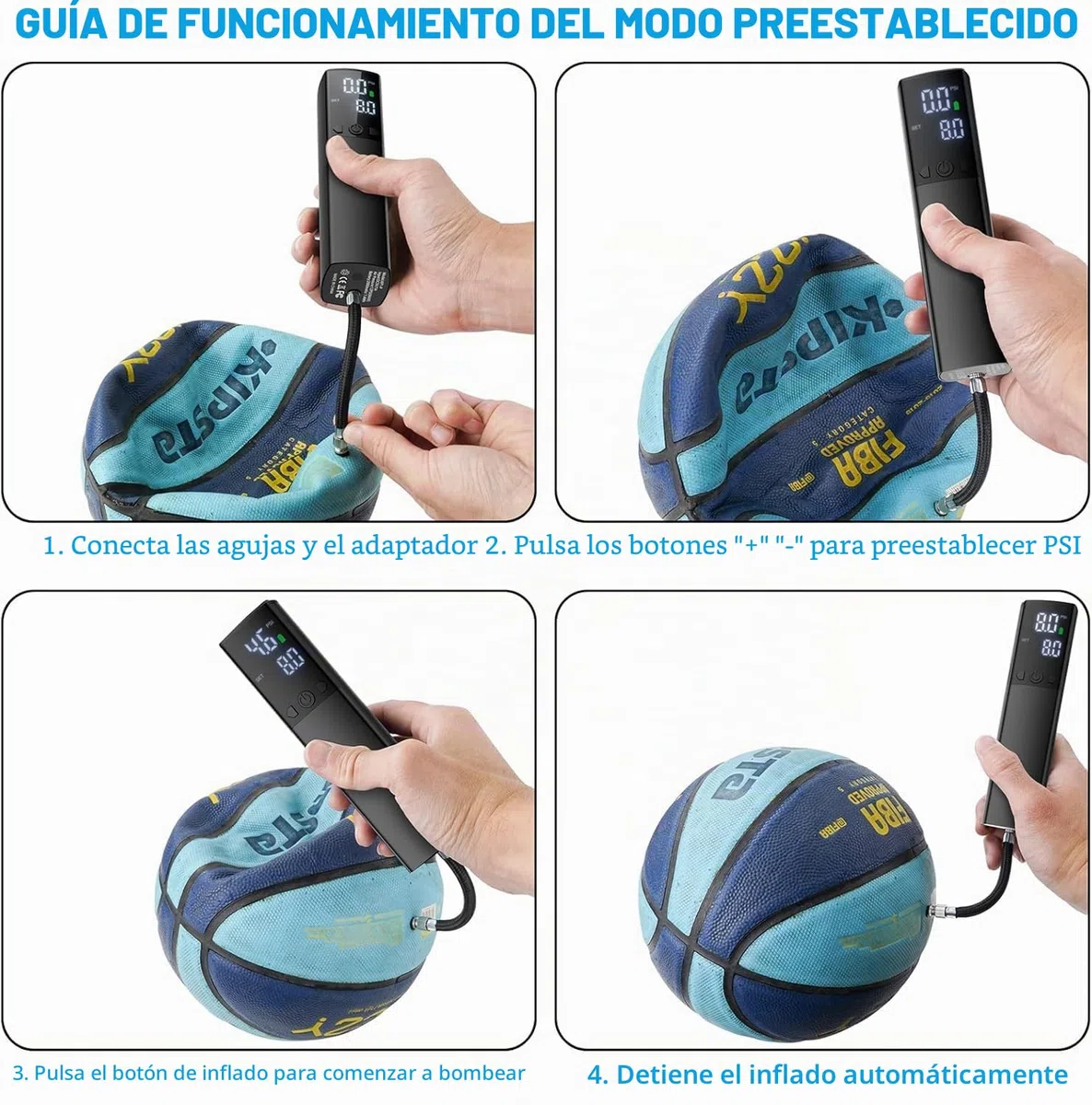 Bomba eléctrica para balones, Bomba automática portátil para inflado rápido de balones con manómetro preciso y Pantalla LCD Digital para Baloncesto, fútbol, Voleibol (2 Agujas y 1 Boquilla)
