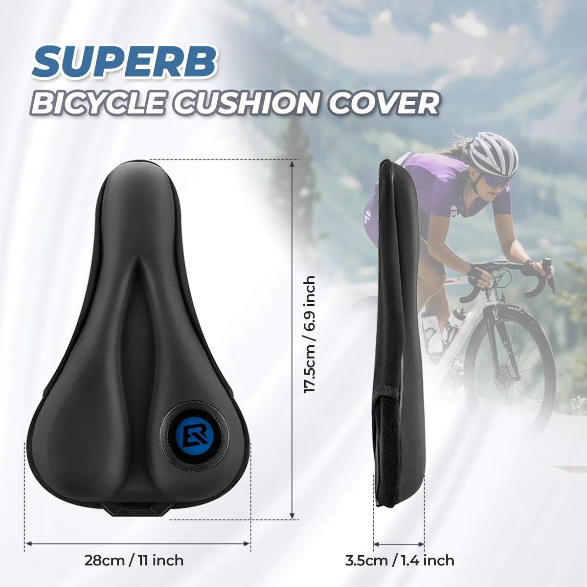 ROCKBROS Sillín Cubre Bicicleta Gel con Funda Impermeable, Cojín de Asiento Suave para Bicicleta de Montaña y Carretera, 28 x 17,5cm