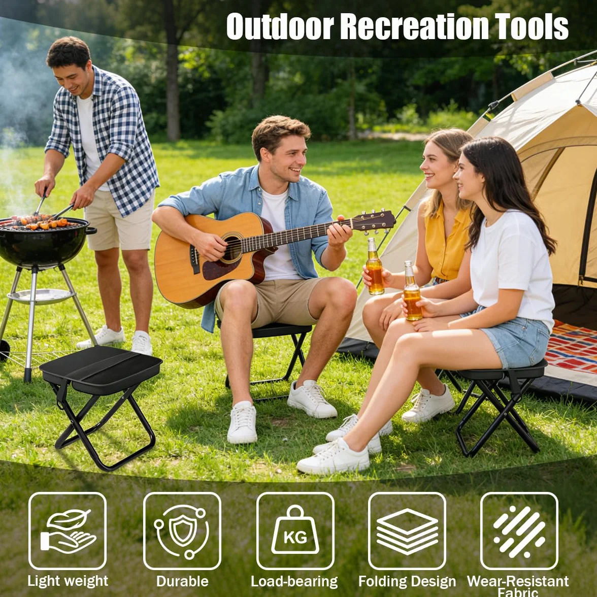 Taburete Plegable Portatil Exterior, Taburete Plegable Camping Pequeño Con Malla y Correa, Mini Sillas Plegables para Acampar al Aire Libre para Interiores y Exteriores Camping Senderismo (Black)