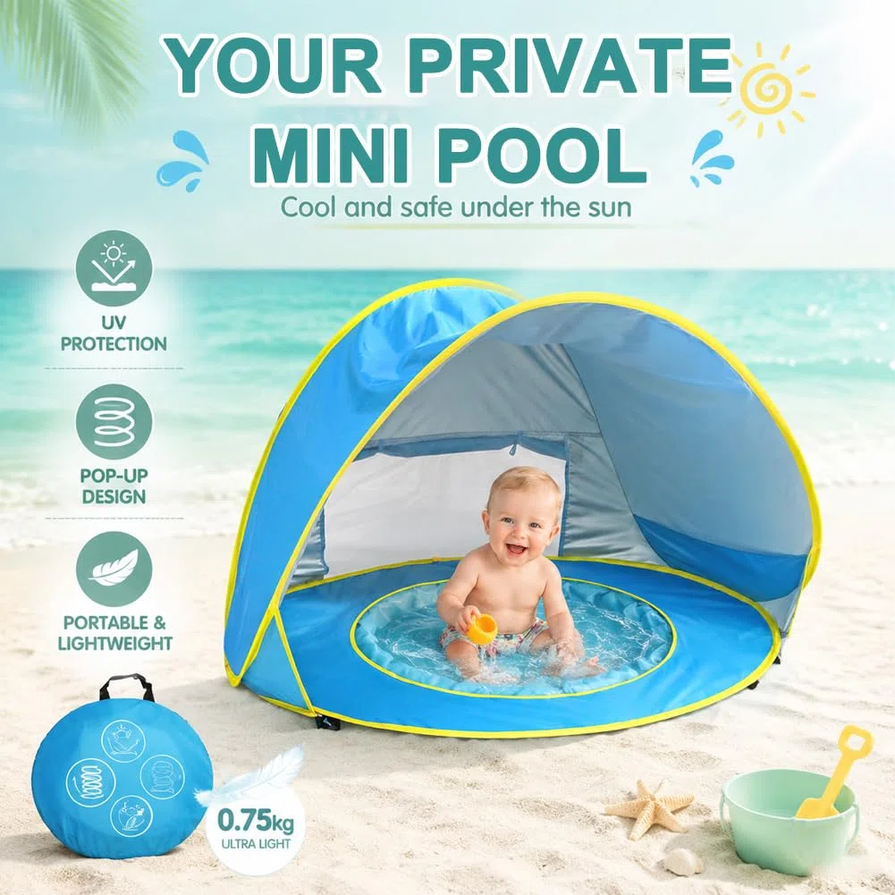 CEWROM Refugio de playa para bebé, tienda de campaña para la playa, tienda de campaña para bebés con mini piscina separable, portátil, Pop Up Baby Playa, protección UV, para niños pequeños, bebés