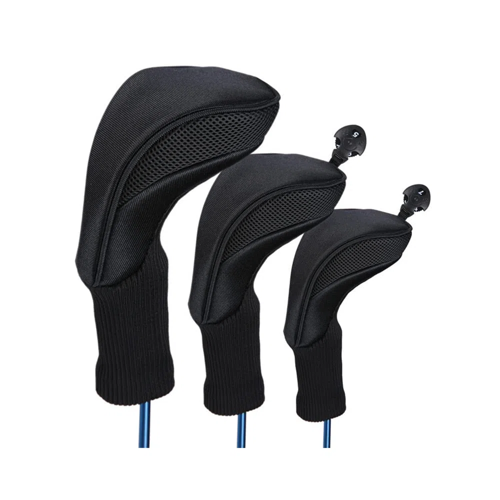 Namvo Fundas para palos de golf, juego de 3 protectores de cabeza de madera, compuesto de nailon negro, fácil de poner y quitar para el conductor, funda protectora para viajes de golf