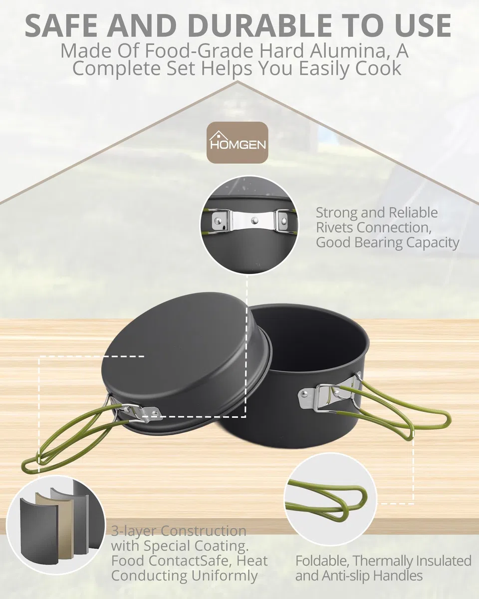 HOMGEN Juego de Utensilios de Cocina para Camping, ollas y sartenes de Aluminio, Kit de Utensilios de Cocina portátil, Equipo de Cocina Ligero para 2-3 Personas