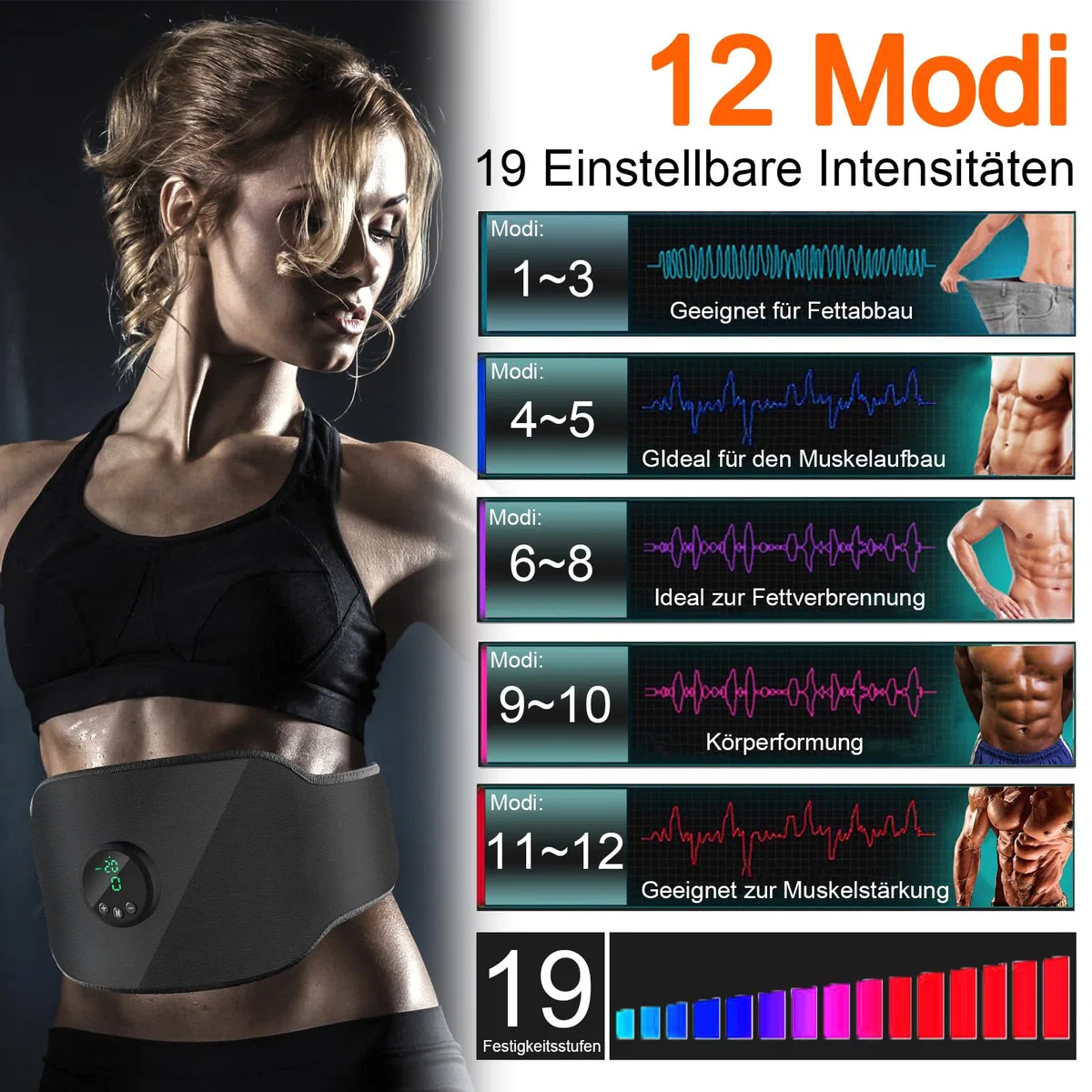 EMS entrenador muscular abdominal eléctrico,EMS dispositivo de entrenamiento,Power abs Stimulator Stimulateur musculaire USB Rechargeable Avec 12 Modes et 19 intensités para hombres y mujeres