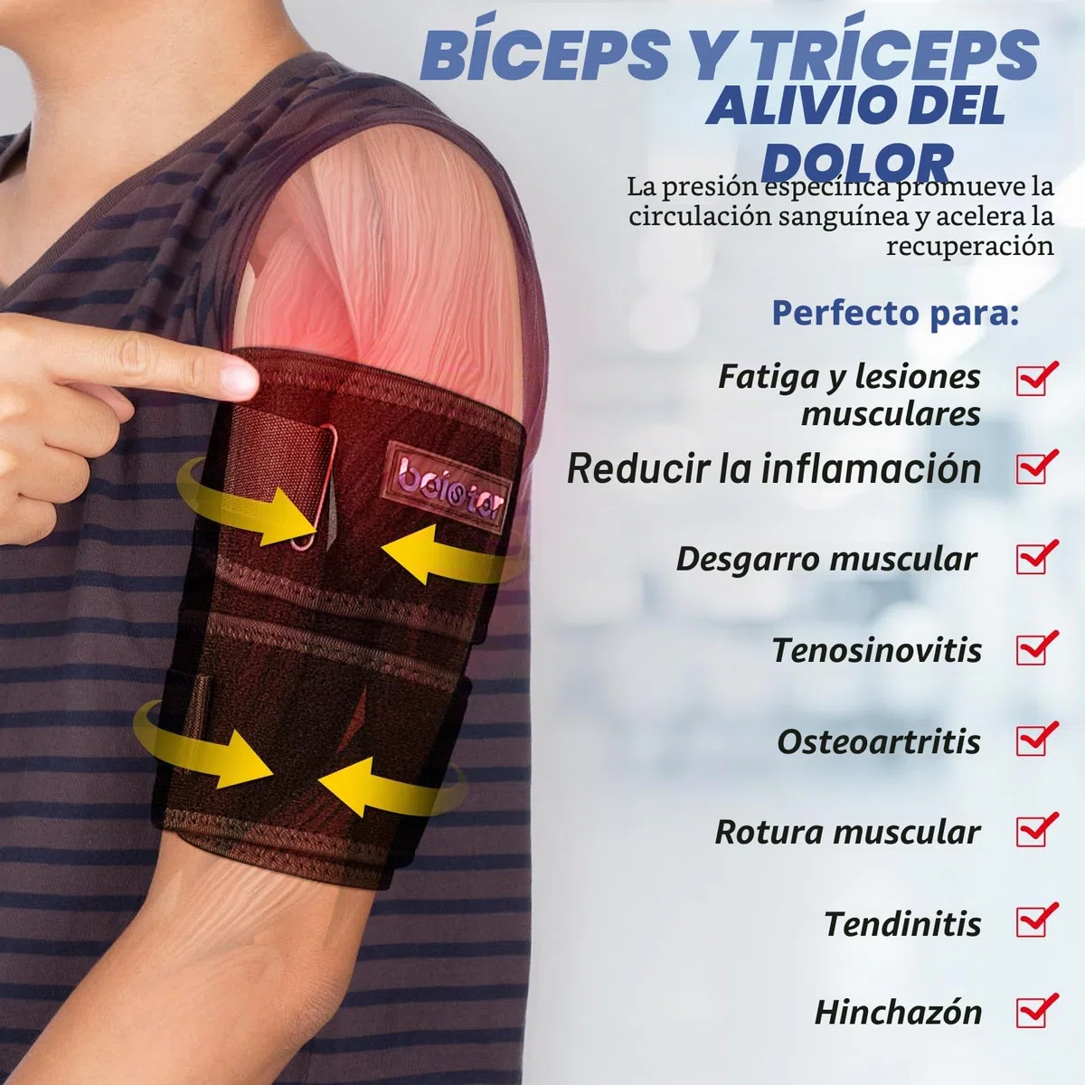 beister Soporte de compresión para brazo superior (individual), soporte para tendinitis del bíceps para hombres y mujeres con 4 correas de presión, manga de compresión para tríceps y envoltura para