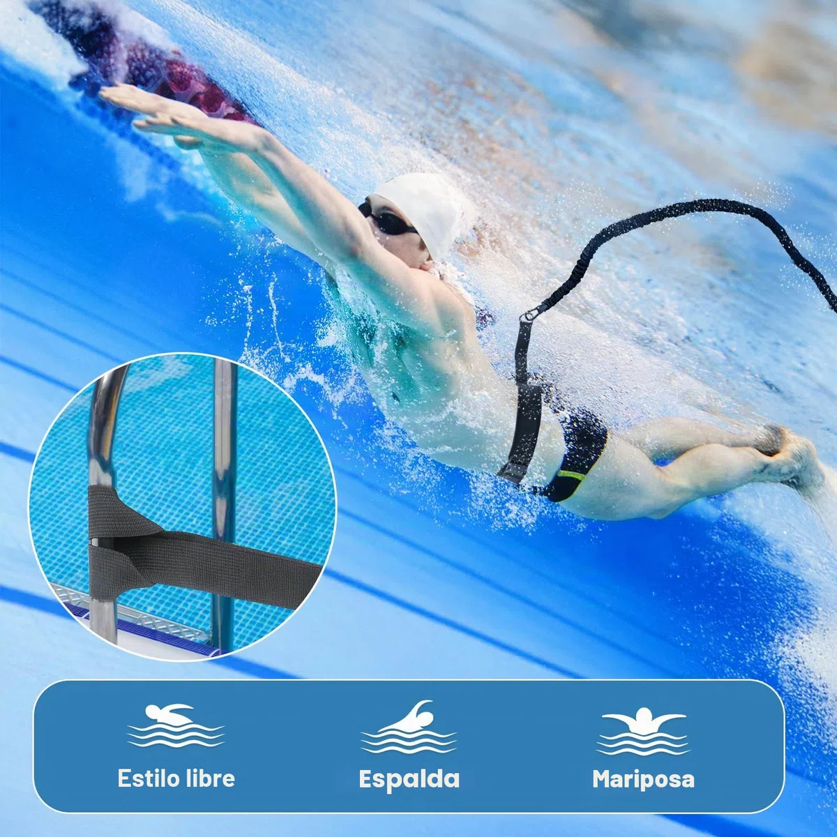 Cinturón de natación premium para adultos, para piscina, cinturón de natación de 3,5 a 8,5 m con bandas elásticas, ayuda de natación para adultos, adecuado para principiantes y profesionales, para