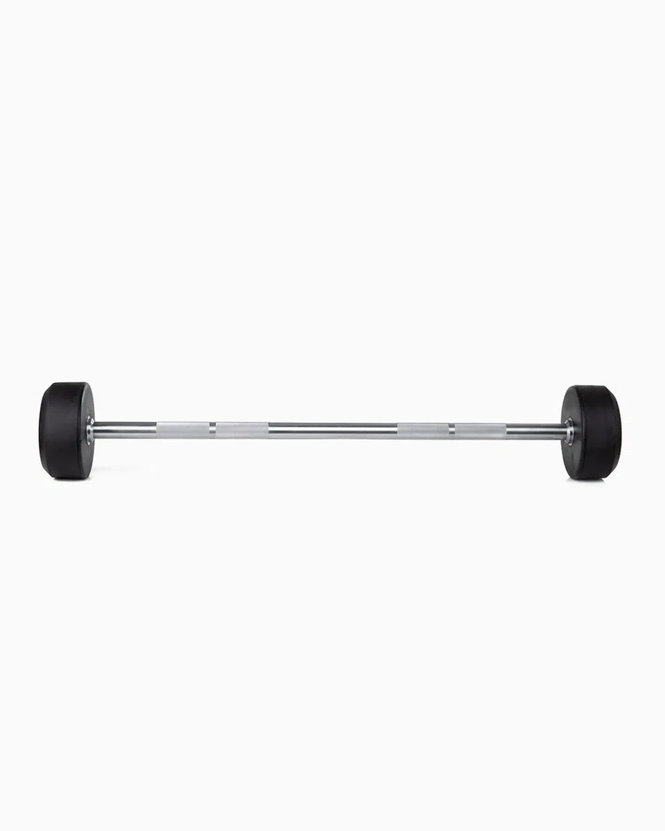 BOOMFIT Barra de Peso Fijo Recta 10-50 kg | Acero Cromado Extremos de Goma | Gama lista para usar sin montar discos | Reduce el ruido y protege el suelo | Sentadillas, press y remo en casa o box